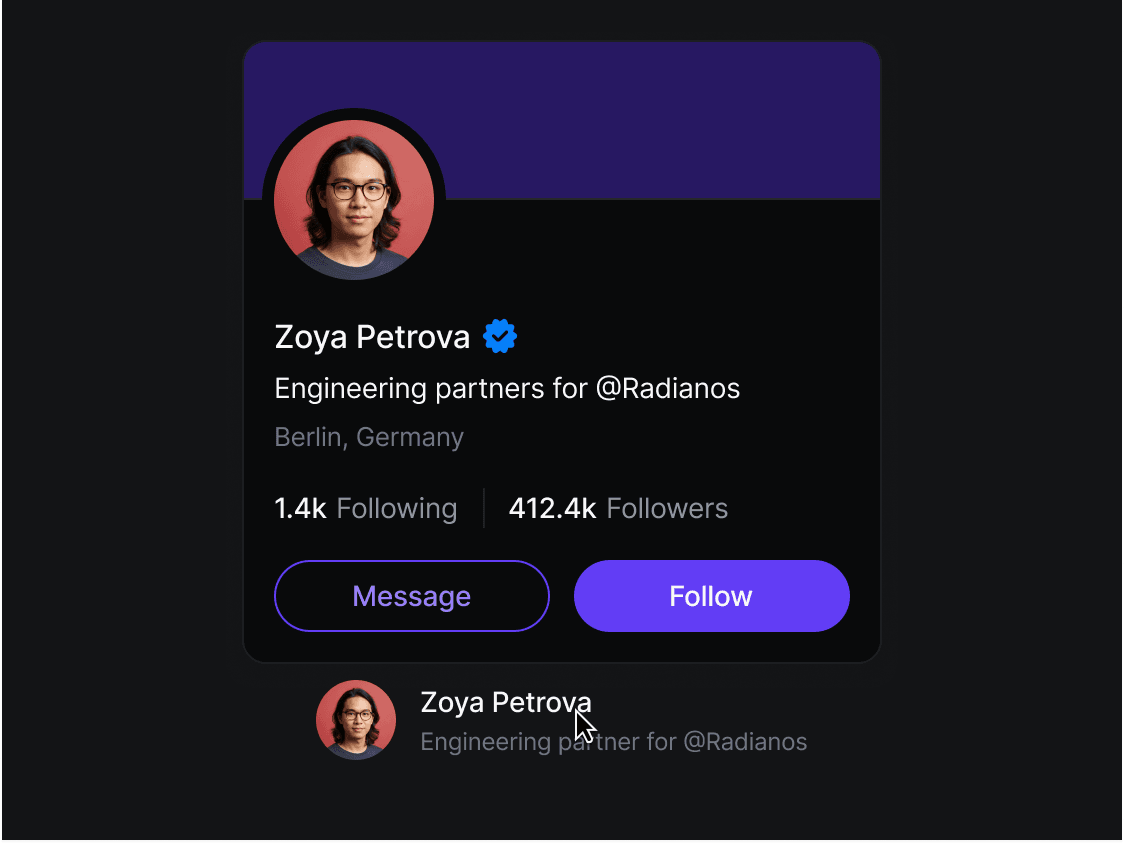 User profile hover card UI component