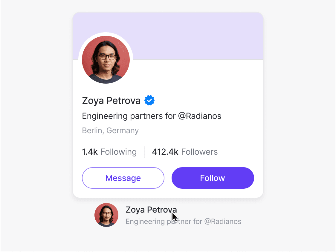 User profile hover card UI component