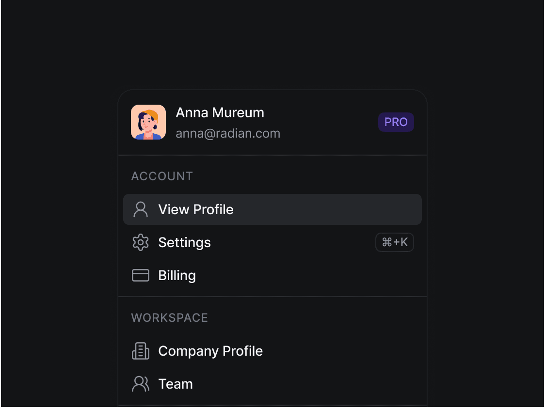 User account dropdown navigation UI component