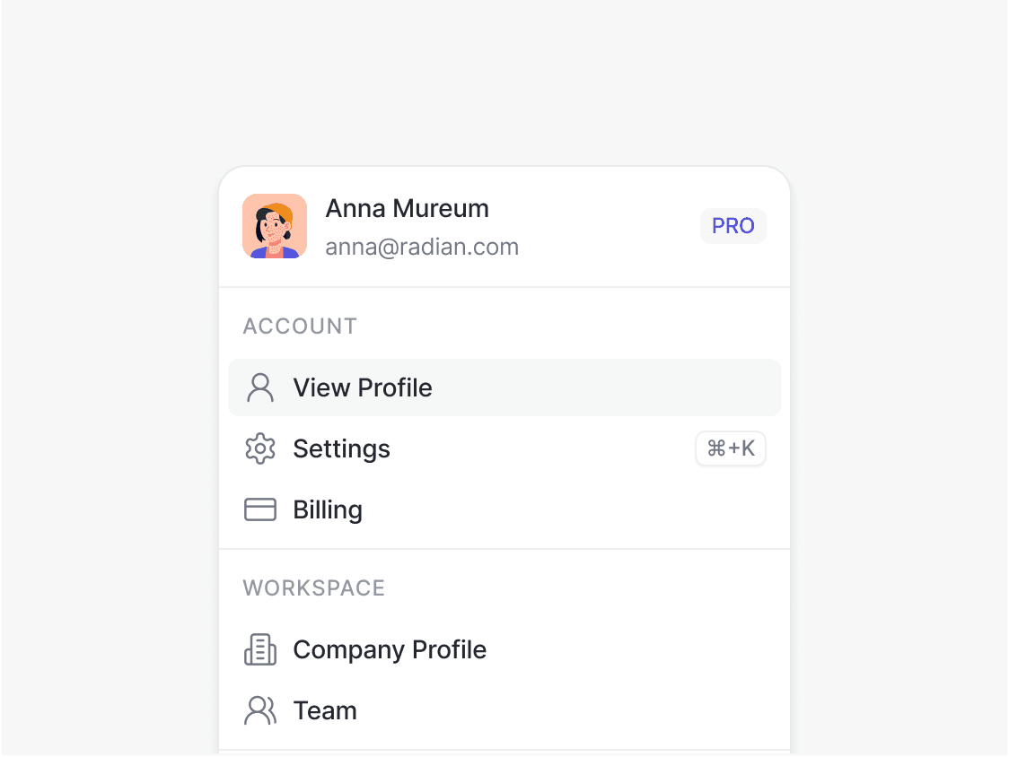 User account dropdown navigation UI component