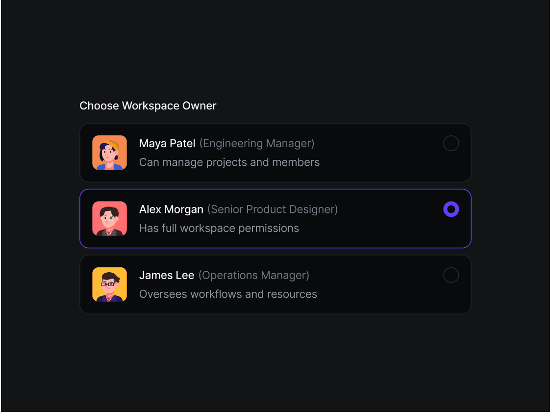 Workspace owner selection radio cards component