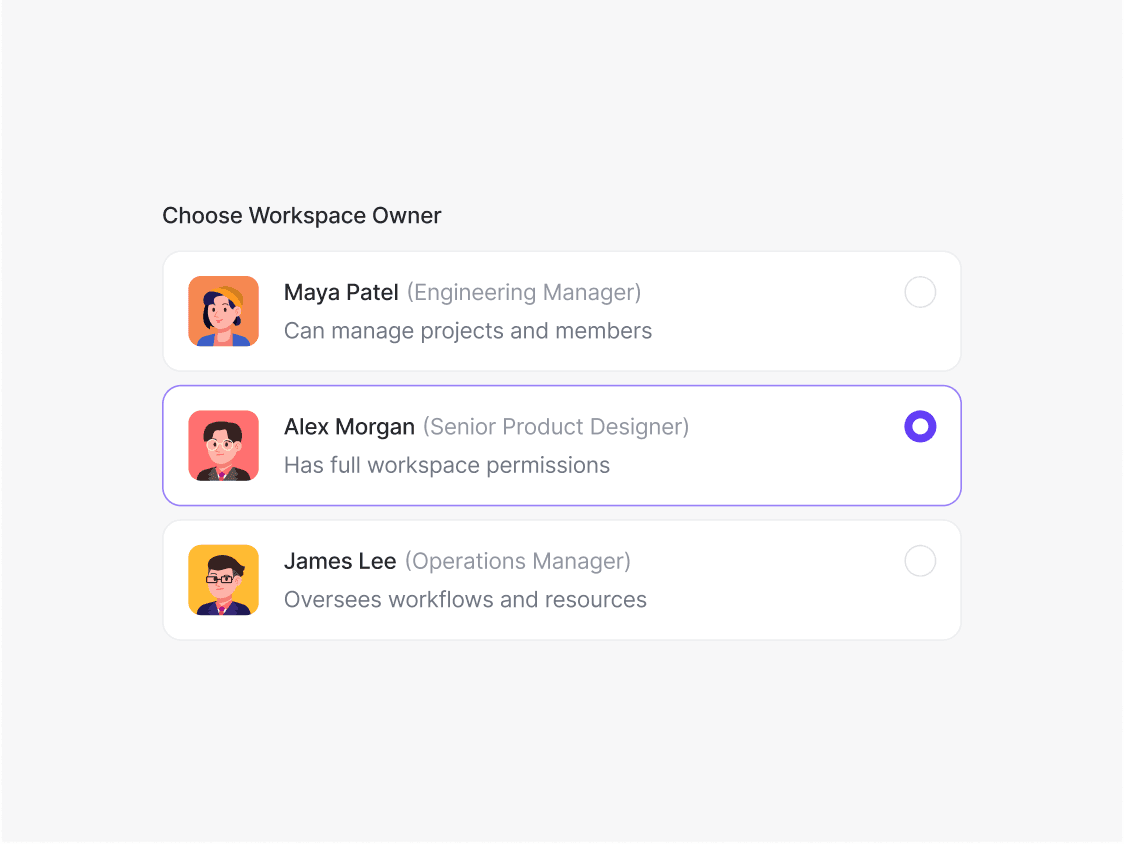 Workspace owner selection radio cards component